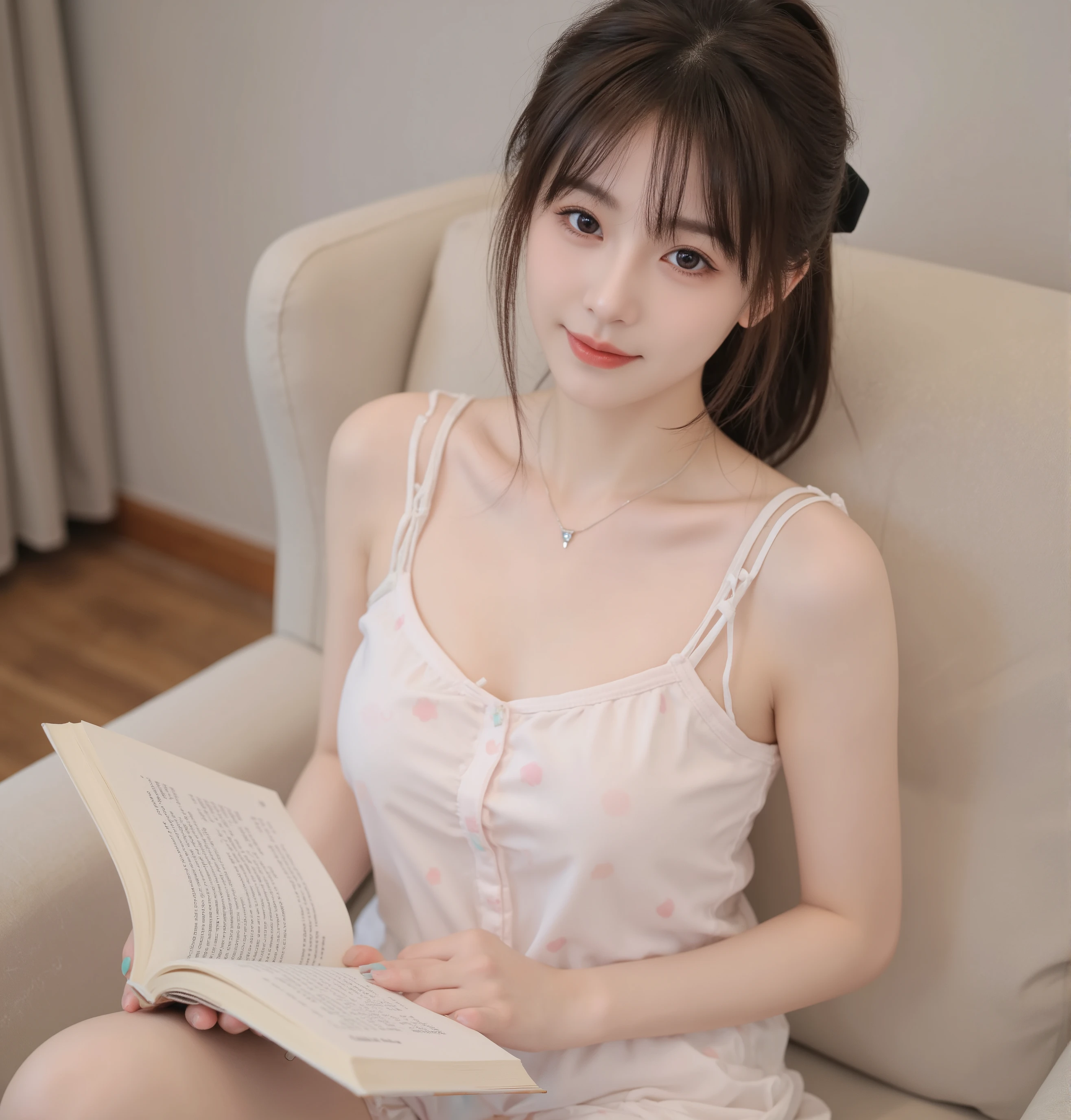high quality of wavy lines,realistic,Detailed skin texture,Beautiful Japanese 18 year old woman,A pretty expression,seductive smile,virtual YouTuber,4K,fantasy,portrait,details,real,professional,vivid,Bokeh,studio lighting,extreme detail,photo shoot,high dynamic range short ponytail (brown hair 1:2)brown eyes Big cute eyes Young face high nose small mouth long eyelashes double eyelids model figure black ribbon earrings,necklace Natural Makeup 赤い口紅,Big Breasts 1:2,Sexy pajamas colorful nail polish Reading a book while sitting on the sofa upper body zoom up