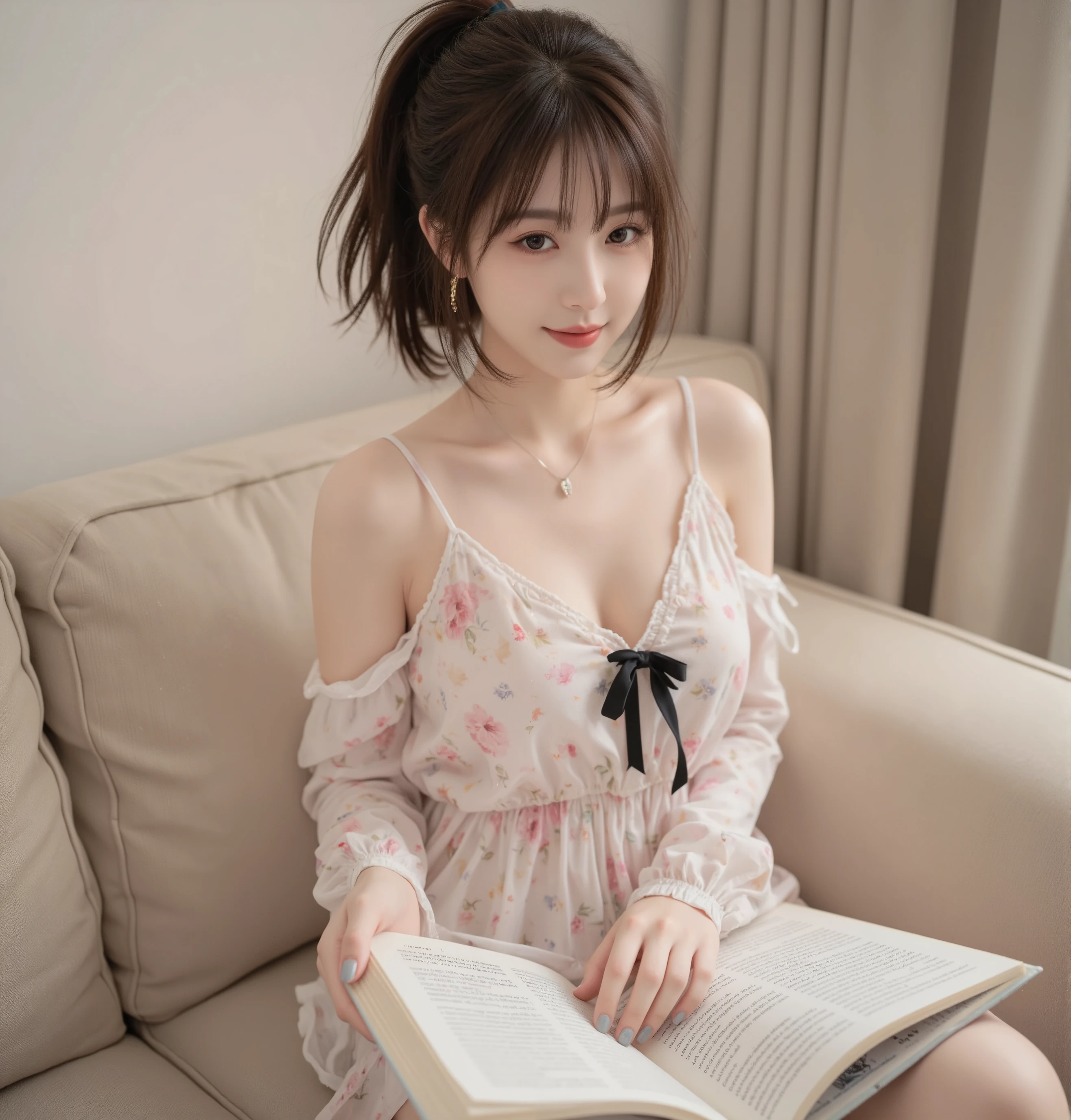 Character description:Young beautiful girl,Has short black hair and clear eyes。 Dress description:Wearing white suspender pajamas。 Scenario description:on a balcony,The curtain is drawn,Sunlight streams into the room through the windows with white translucent curtains。 Furniture description:On the balcony was a small white table and a small chair。 Posture description:The beautiful girl sits on a small chair,Seriously focus on reading a book。