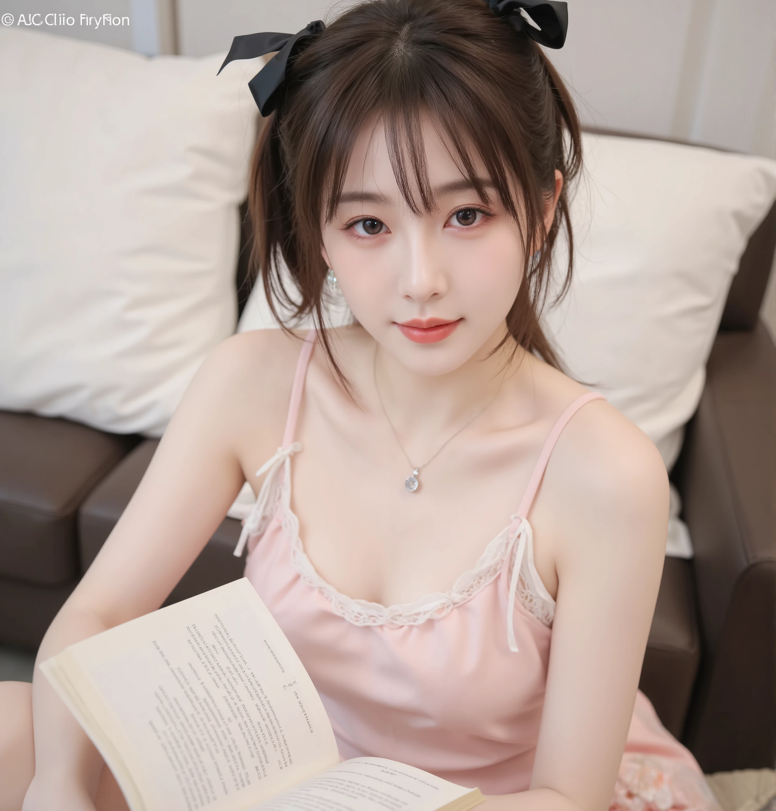 high quality of wavy lines,realistic,Detailed skin texture,Beautiful Japanese 18 year old woman,A pretty expression,seductive smile,virtual YouTuber,4K,fantasy,portrait,details,real,professional,vivid,Bokeh,studio lighting,extreme detail,photo shoot,high dynamic range that closes one eye short ponytail (brown hair 1:2)brown eyes Big cute eyes Young face high nose small mouth long eyelashes double eyelids model figure black ribbon earrings,necklace Natural Makeup 赤い口紅,Big Breasts 1:2,Sexy pajamas colorful nail polish Reading a book while sitting on the sofa upper body zoom up