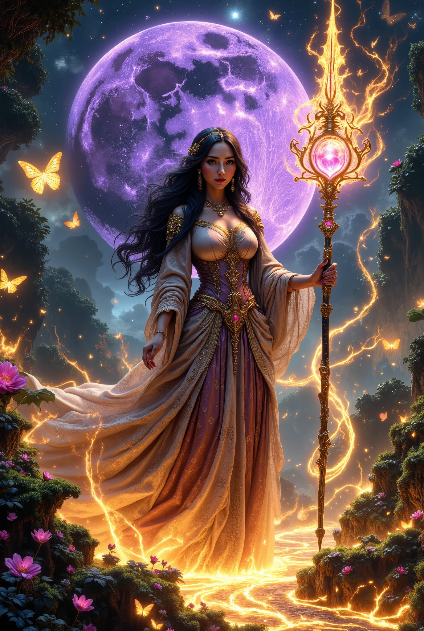 fantasy style, прекрасная девушка с great й внешностью и длинными волосами, beautiful makeup complements her pretty face, very beautiful makeup with eyeliner and shadows, lush and beautiful eyebrows, soft and sexy lips, по ее тело проходит небольшой Shine придавая красивого оттенка сексуальности, beautiful figure and pretty face, small dagger-shaped gold earrings, beautiful necklace that gives the girl a twist beauty and beauty, The girl is dressed in a beautiful dress with a gorgeous pattern of of gentle colors, the girl in her hands holds a beautiful curving staff with beautiful glowing patterns and ruby flower, on the ground you can see a beautiful outline of magical patterns that glow in surprisingly golden light, very beautiful and clear, butterflies and flower petals swirl around the girl, The girl is standing against the backdrop of rainforests in a small clearing with various beautiful plants, , a night with beautiful stars gives the image of a beautiful magical glow, the beautiful purple moon gives some mystery, very beautifully, Masterpiece, Best quality, high quality, difficult details, 8 k, clearly, Exactly, Fine Details , great , Shine,