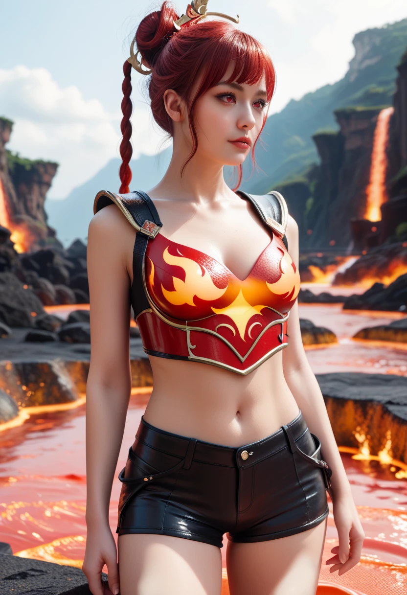 8k,American female fire goddess, With the energy of a 20-year-old.,Super Beauty(Like the real thing),Gazing at the audience.,Orange Mohawk Hair,Sexy orange and black large chest armor(Fire God's Emblem),Orange Flame Gauntlets(Fire God's Emblem),Orange Flame Leg Guards(Fire God's Emblem),A dark and desolate land,Photorealistic RAW photos of the highest quality。Bright colors,Rich colors, Backlight, Cinema Lighting, Film Grain, 50mm lens, Nikon D850,Realistic Skin,Fantasy art,Character Art,Ultra-high resolution,Realistic Skin,Very strong and toned abdominal muscles,Raised muscles,A 20-year-old beauty who is the goddess of fire,Black Flame God Costume(Orange flame emblem filigree),Energy Man,Super Muscular Beauty,Hard and strong abs,Top-down view,Dynamic fighting pose,Uplifting,Big smile,Bright Red Eyes,American Woman,Bodybuilder,