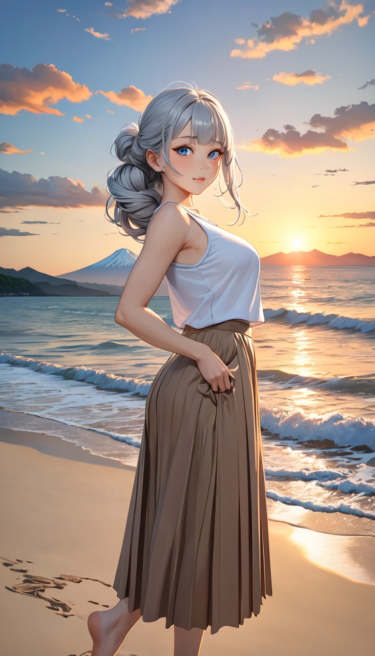 (masterpiece, best quality), hyperrealistic, cinematic, anime girl, (off-the-shoulder romper with wide-legged pants:1.5), ((seaside background:1.4)), 1 girl, ((silver hair:1.5)), ((Low bun with beachy waves hairstyle:1.5)), ((full-body shot:1.3)), head to toe visibility, perfect anatomy, curvaceous body, alluring, long round legs, extra large cleavage, perfect eyes, perfect hands, seated on a beach chair, legs crossed, and the romper's off-the-shoulder style elegantly showcased, one hand can rest on the armrest while the other lightly touches the hair, (a serene and content smile and slightly parted lips:1.2), capturing a sense of relaxation and appreciation for the seaside setting, extremely detailed Artgem, ig model, artgem, alena aenami and artgem, krenz cushart and artgem, artgem and atey ghailan