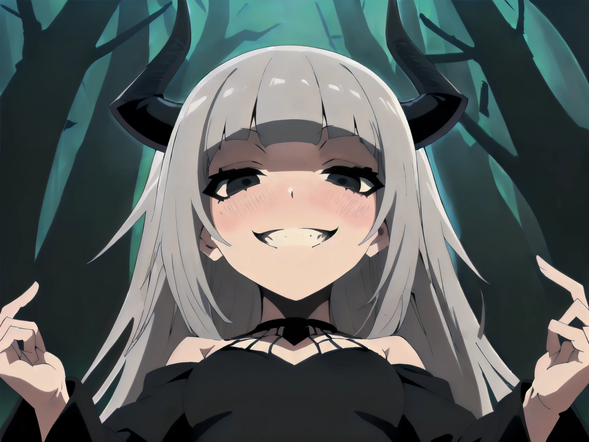((1girl spider)), horns, (((long silver hair))), (((dark black eyes))), (((blunt bangs))), ((spider body)), black dress, ((melhor qualidade)), (((macabre smile))), blushing, happy, (((Very happy))), (detaleid), perfect face, ((style novel)), beautiful cores, ((anime_collors)), (((low view))) in Forest.