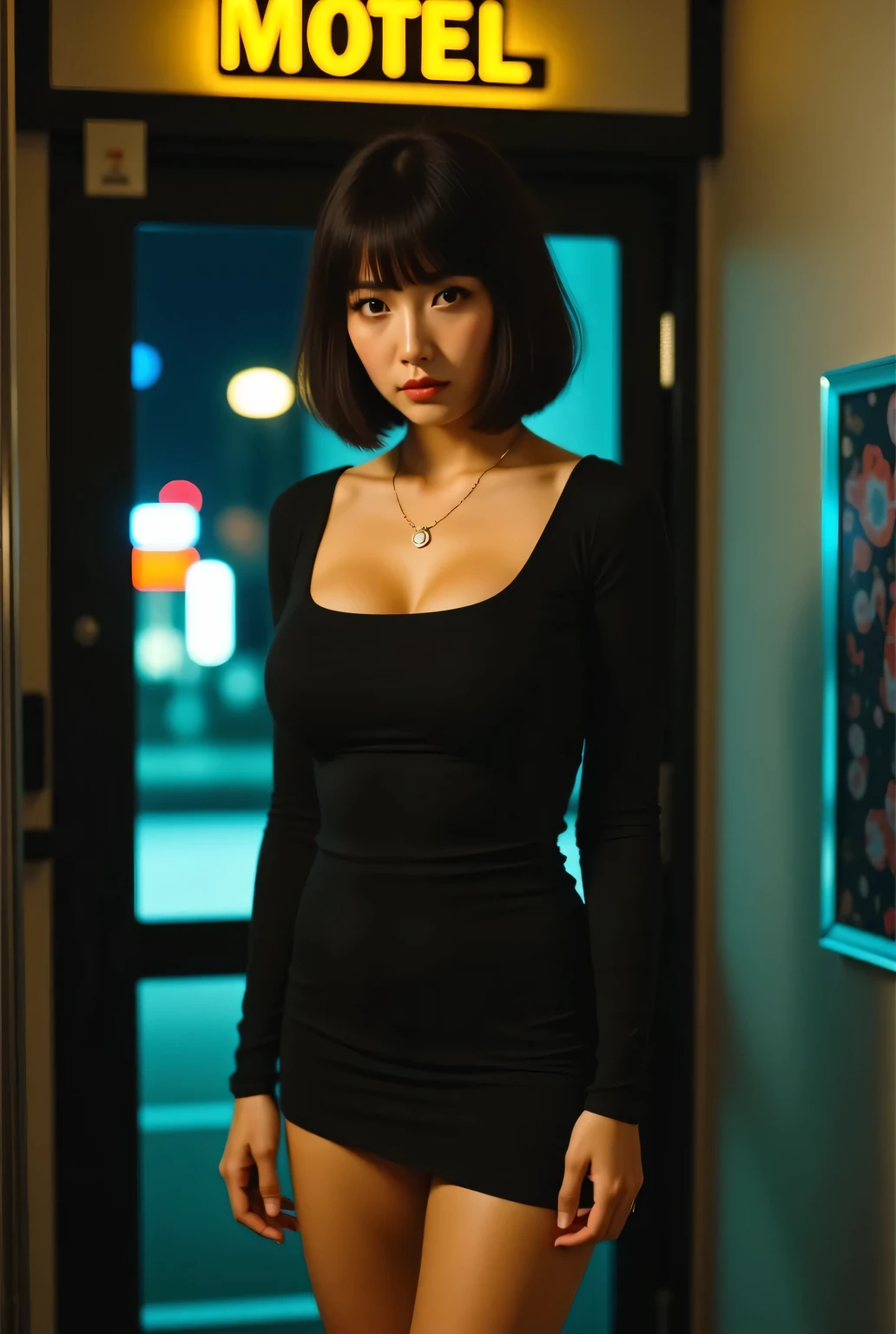 woman is at the door, diagonal below view, highest quality, photo realistic, high resolution, masterpiece,
super beautiful Japanese mature woman, 50years old, looks like a intimidating dominatrix, condescending gaze, charm with gaze, staring at the viewer, glossy skin, oily skin, eye makeup, long false eyelashes, eyeliners, mascara, lip makeup, short wavy bob,
u-neck dress, tight-fitting short sleeves, big breasts, even in a u-neck dress her breasts are big,
dimly lit room in a newly built motel late at night, a woman opens the door to the bed room and enters, windowless, easy-to-see color lighting, colorful to keep