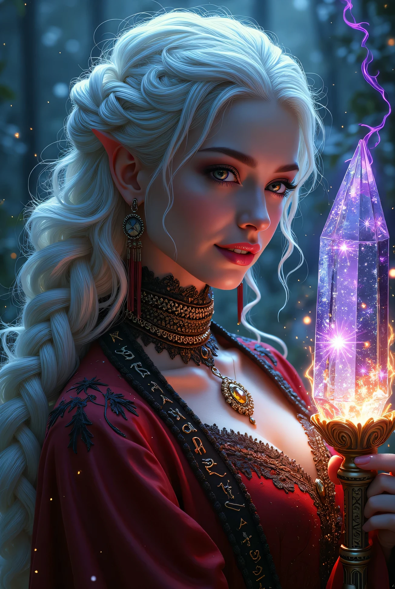 hyper realistic digital painting by Jeremiah Ketner and Charlie Bowater and Stanley Art gem and Thomas saliot and J. Scott Campbell, shallow depth of field, realistic anime, bokeh, lifelike anime woman, closeup on cute face and body, eyes, lips, light and shadows on face, Irish girl wearing a royal choker, amulet, fully dressed, cleavage, pink dark fantasy, A woman with snow-white hair styled into elaborate braids, her red gown covered in frost-like embroidery. She holds a crystalline staff, from which delicate snowflakes fall even in the absence of wind. The air around her shimmers with a cold, ethereal light, as if time itself is frozen, Cinematic close-up portrait of a dangerously alluring sorceress, her gaze both charming and hypnotically . Her full lips curl into a knowing smile, her piercing eyes glowing with arcane energy. A high, ornate collar frames her face, Queen descending royal gardens, part of her dark, intricately designed sorceress attire adorned with ancient runes that pulse faintly. Her long, flowing hair shimmers with an unnatural, enchanting motion, infused with strands of arcane energy. Wisps of violet and amber light dance around her fingers, its delicate wings unfolding in flickering, spectral fire. The moody lighting casts deep shadows, highlighting the sharp contours of her face, while floating embers and swirling mist enhance the dark, mystical atmosphere. Ultra-detailed, cinematic lighting, high-resolution. Studio Ghibli Dark Fairytale, style