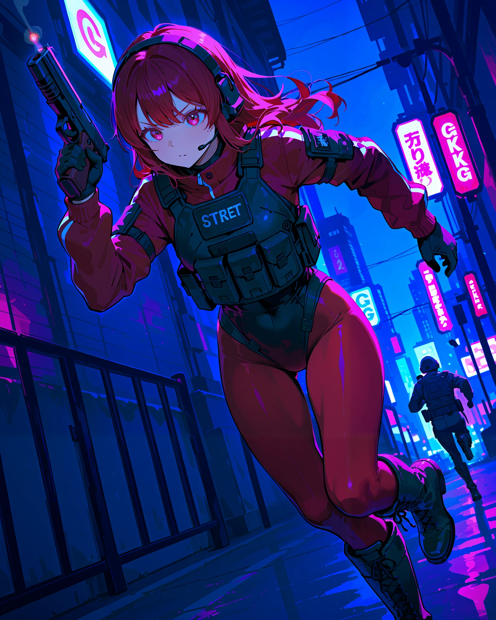 (best quality), (masterpiece), amazing quality, absurdres, highly detailed, 1girl, solo, solo focus, random hairstyles, tactical headset, black leotard, red sleeves, black gloves, full pantyhose, red pantyhose, black boots, knee boots, tactical gear, (holding pistol, glockg), running, dutch angle, city street background, cinematic lighting, daytime