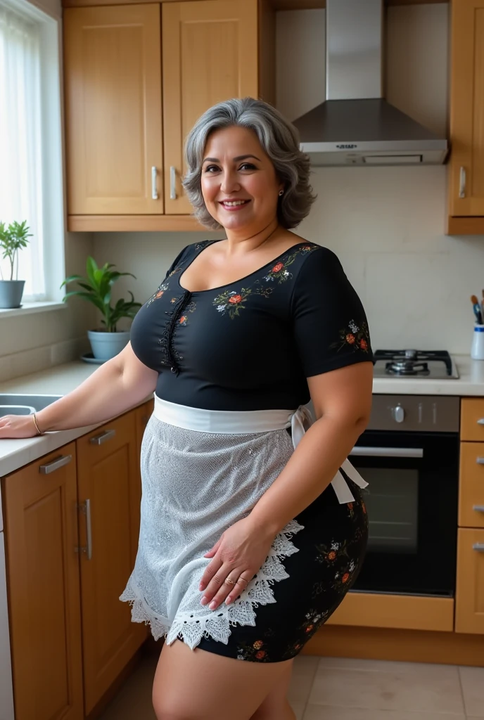 Full Body Shot,,50 years old,Mature Woman,Big Eyes 1.6,Wrinkles around the eyes,((A kind smile)),Big Tits 1.6,((Saggy breasts 1.6)),Plump body,),(Big Ass)(masterpiece:1.6, highest quality), Intricate details, Written boundary depth,detailed, (Grey knit White skirt 8k,highest quality, masterpiece, Ultra-high resolution,, (Updo)kitchen