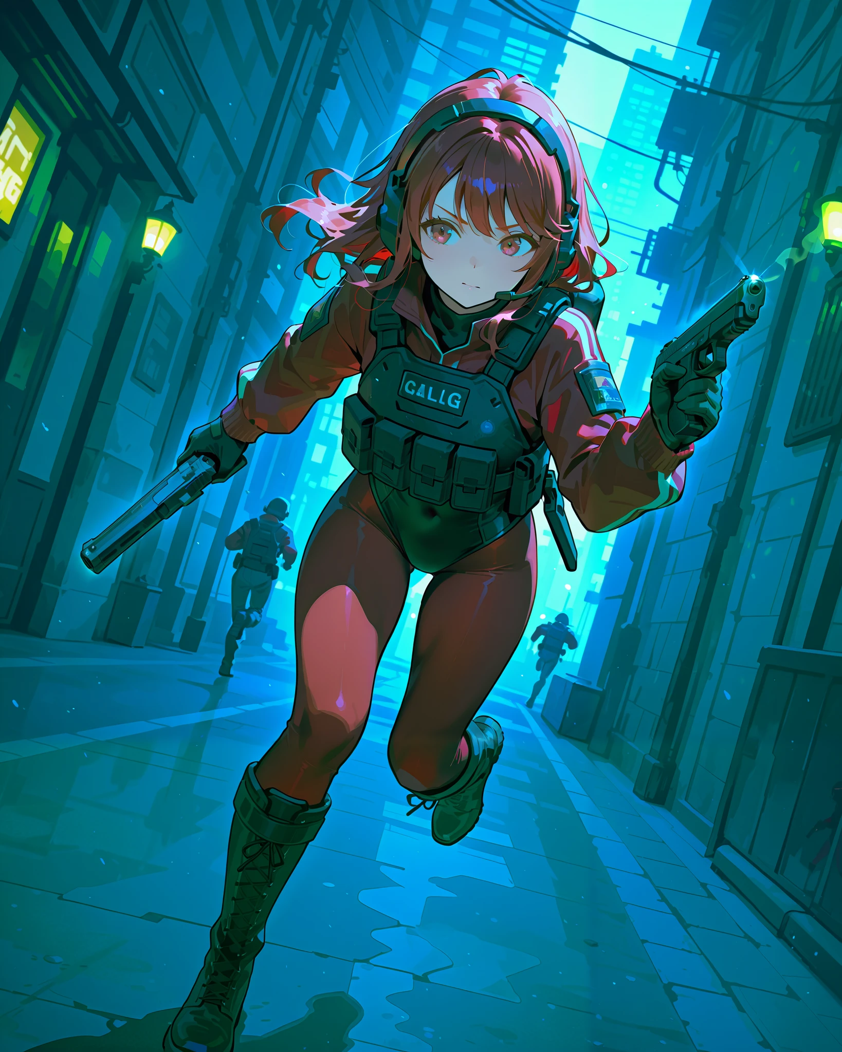 (best quality), (masterpiece), amazing quality, absurdres, highly detailed, 1girl, solo, solo focus, random hairstyles, tactical headset, black leotard, red sleeves, black gloves, full pantyhose, red pantyhose, black boots, knee boots, tactical gear, (holding pistol, glockg), running, dutch angle, city street background, cinematic lighting, daytime