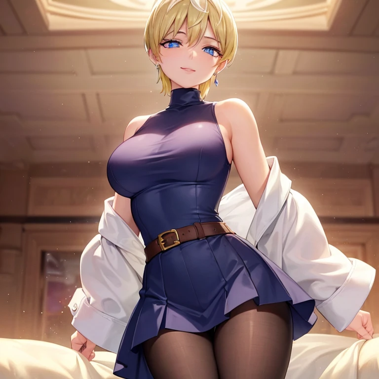 (Best Quality, Masterpiece:1.4), (Absurdres:1.2), 1 girl, Solo, erasa, blonde hair, blue eyes, gold earrings, gold bracelets, cleavage, small breasts, black dress, strapless black tube dress, sitting on a couch, indoor room, smile, looking at viewer, cowboy shot