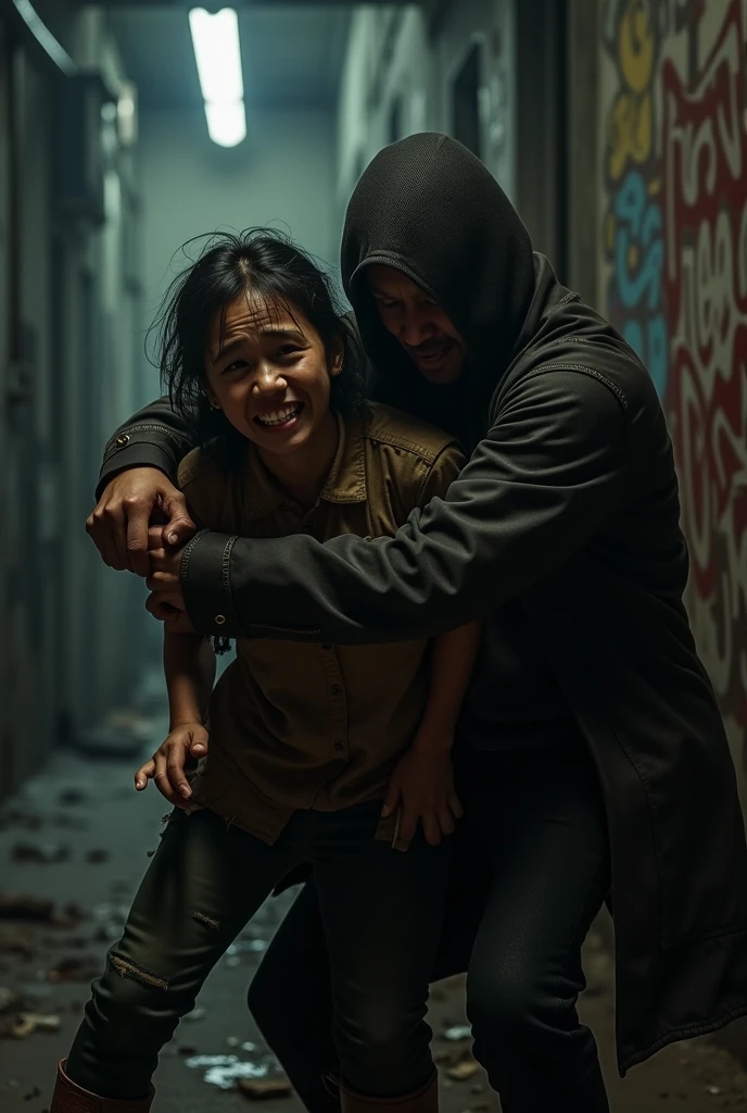 a asian muslim mother holding a bamboo stick chasing her small asian muslim child with an angry face. The mother from back chase the boy. , the boy running away with fear face, detailed facial features, dramatic lighting. Running effect, cinematic composition, moody atmosphere, high contrast, photorealistic, award winning photograph, 8k, HDR. 1980 timeline