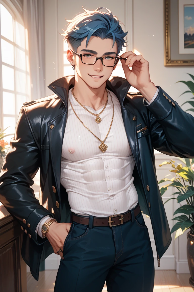 1boy, 16~20 years old, male focus, muscular male, nsfw, 3D, realistic, indoor, normal hue, central, golden ratio, sitting on the leather throne, sharp-featured body, tall, burly, highres, slender build, perfect anatomy, skin texture, thick dark buzzcut hair, see-through bangs, shallow eyebrow, symmetrical eyebrow, large bright eyes, symmetrical eyes, square gold-rimmed glasses, big straight nose, closed mouth, broad shoulders, noble attire, bdominal stretch, tight-fitting, leather collar, stand-up collared shirt, open dark leather jacket, six-pack abs, leather wristbands, leather gloves, grey trousers, leather belt, spreading long thin legs, <lora:OnlyCocks_v1.0:0.5>, large erect penis over 10 inches length and 3 inches width, erection, large scrotum with testicles, masturbation, high-heeled leather boots, soft smile, handsome, powerful, from front, looking ahead at viewer, day, masterpiece, best quality, hyper-detailed, intricate detail, professional photography, matte, bright, the most beautiful ever seen, post processing, dreamatic lighting, ambient lighting, epic composition, ultrawide shot, uplight, raytracing reflections, depth of field, gorgeous background <lora:1.GenshinImpactAlatakiItto_v1.0:1>