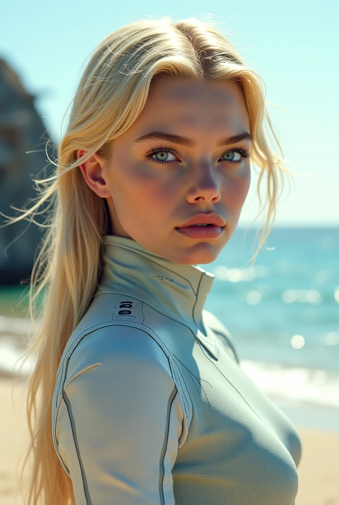 tiktok girl, (from_below:1.3) (crossed_ankles:1.2) blonde hair , thick_mane , future era, futuristic , blue formfitting bodysuit , on mars , jewelry, (full_body:1.4), (realistic:1.4), masterpiece, high quality, realistic lighting, center of frame, 8k, hdr, amateur, (freckles:0.87) , professional photography, masterpiece