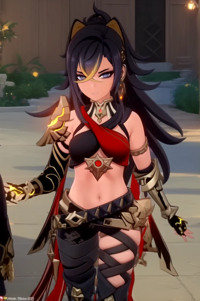 vibrant colors, female, masterpiece, sharp focus, best quality, depth of field, cinematic lighting, ponytail, black hair, red eyes, fur armor, mountain, bright smile, night sky, long sleeves, skirt, black thighhighs, shirt, blue shirt, streaked hair, purple skirt, hair ornament, earrings, thighs, jewelry, smile, skin tight outfit, butterflies, underboob,