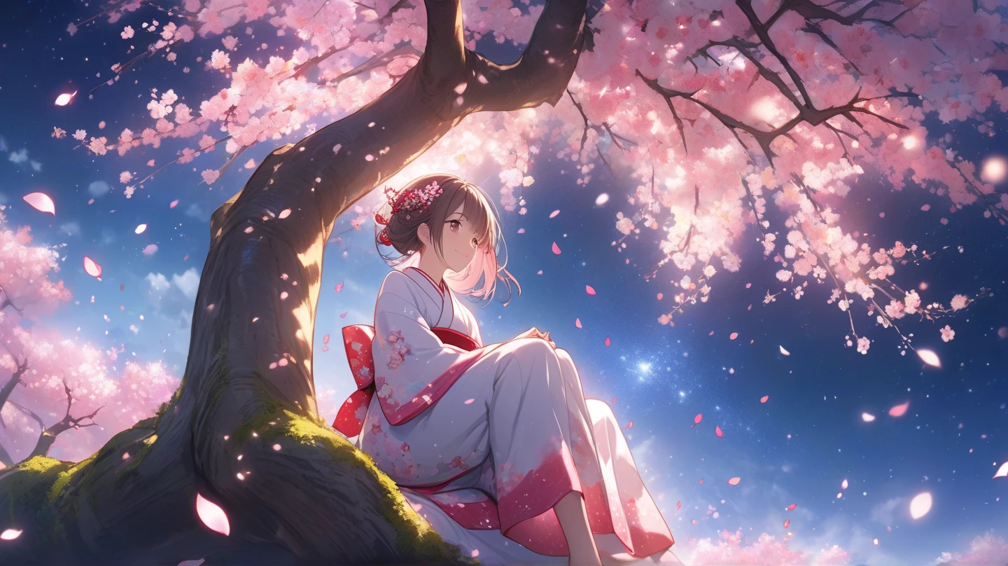 8k、Fantastic Scenery。One big cherry。
Girl sitting on a cherry tree trunk。Kimono-style clothing。in bed looking up at the sky。
cherry blossom petals are dancing。
starry sky、Fantastic light in the back of the background。