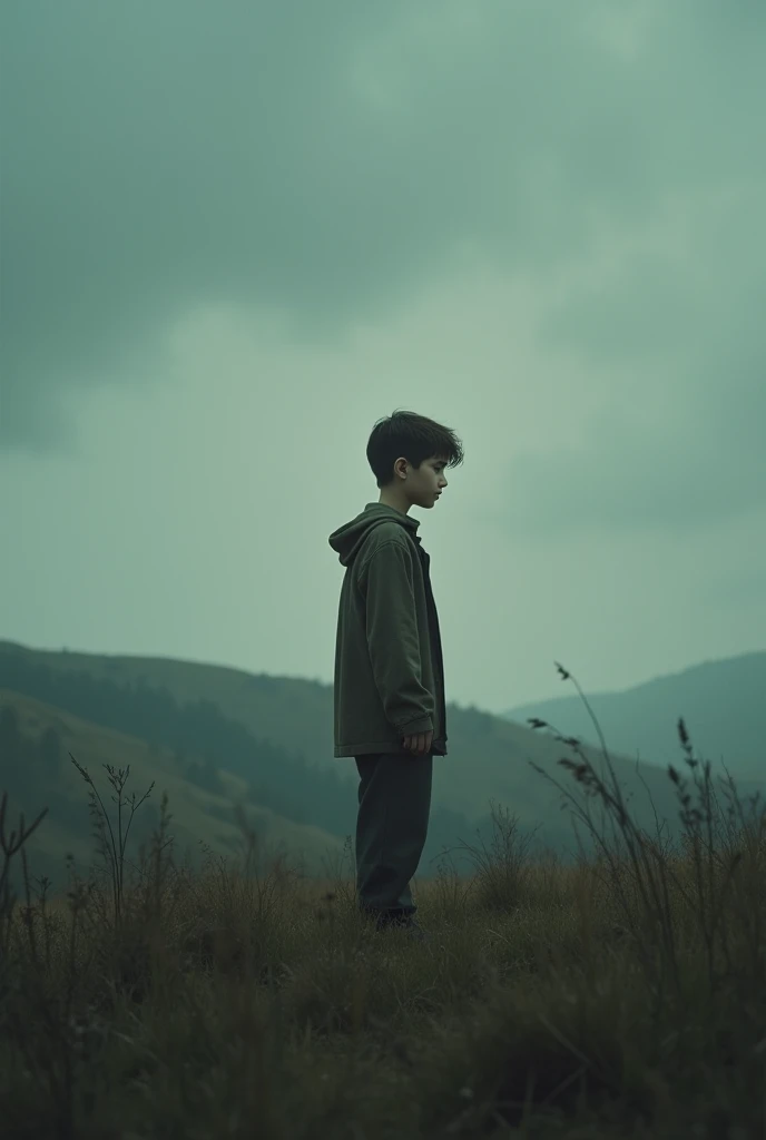 A lonely boy standing on hill