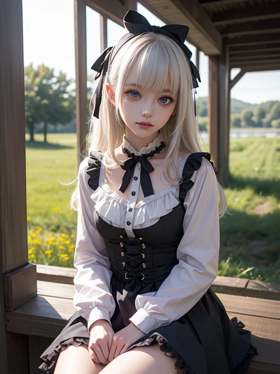 (Tabletop, Highest quality:1.2), 8K, 85mm, Official Art, RAW Photos, Absurd, Platinum Blonde Hair, (blue eyes, Lolita Fashion, Sweet Lolita, Gothic, dress:1.2), Idol's face, Upper Body, beautiful girl, Gardeniass, Copenhagen, Short sleeve, grace, Sophisticated, Gardenia, View your viewers, Film Grain, chromatic aberration, Sharp focus, Face Light, Dynamic Lighting, Cinema Lighting, Detailed face, Bokeh Background