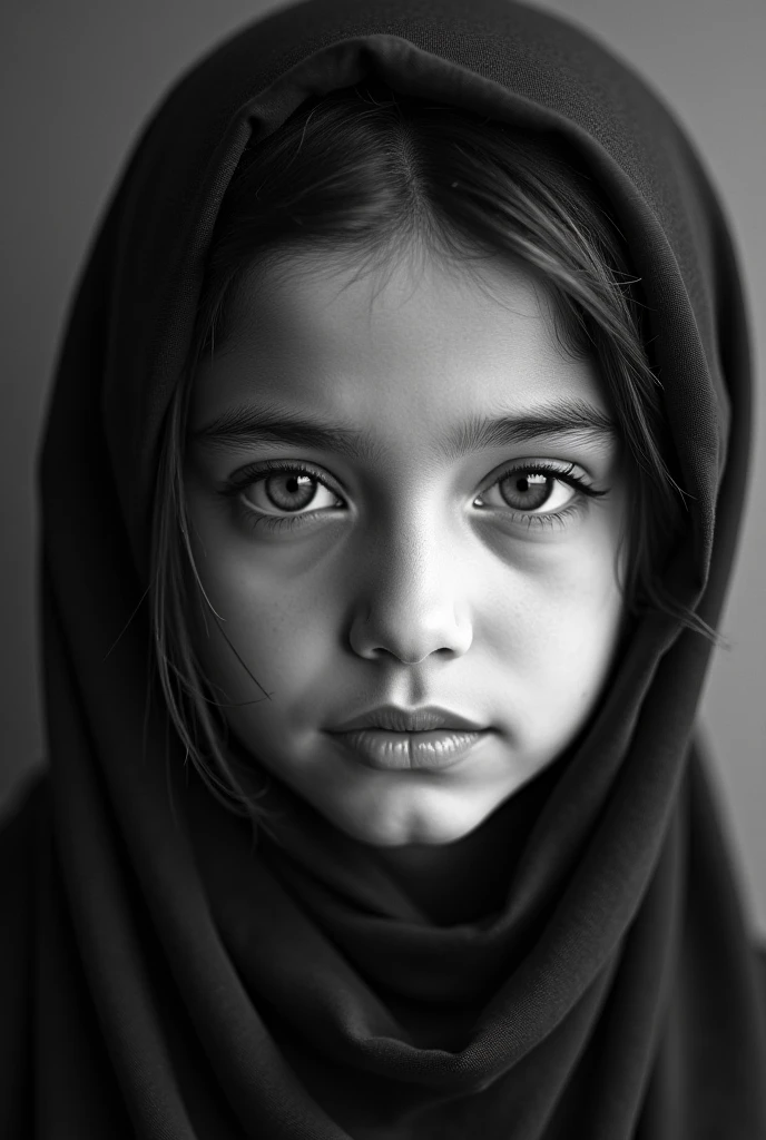 A young girl with blood hair and intense eyes, wearing a headscarf and round glasses, looks directly at the camera with a serious expression. Her lips are slightly parted, and her gaze is unwavering. The image is rendered in a classic black and white style, emphasizing the starkness of her features and the intensity of her expression.

[A portrait capturing the essence of strength and determination, reminiscent of the work of  Annie Leibovitz], [Sharp, dramatic lighting, highlighting the textures of the woman's clothing and the sharpness of her gaze, with a blurred background, creating a sense of depth and focus on the subject. The colors are stark black and white, evoking a sense of power and control.]