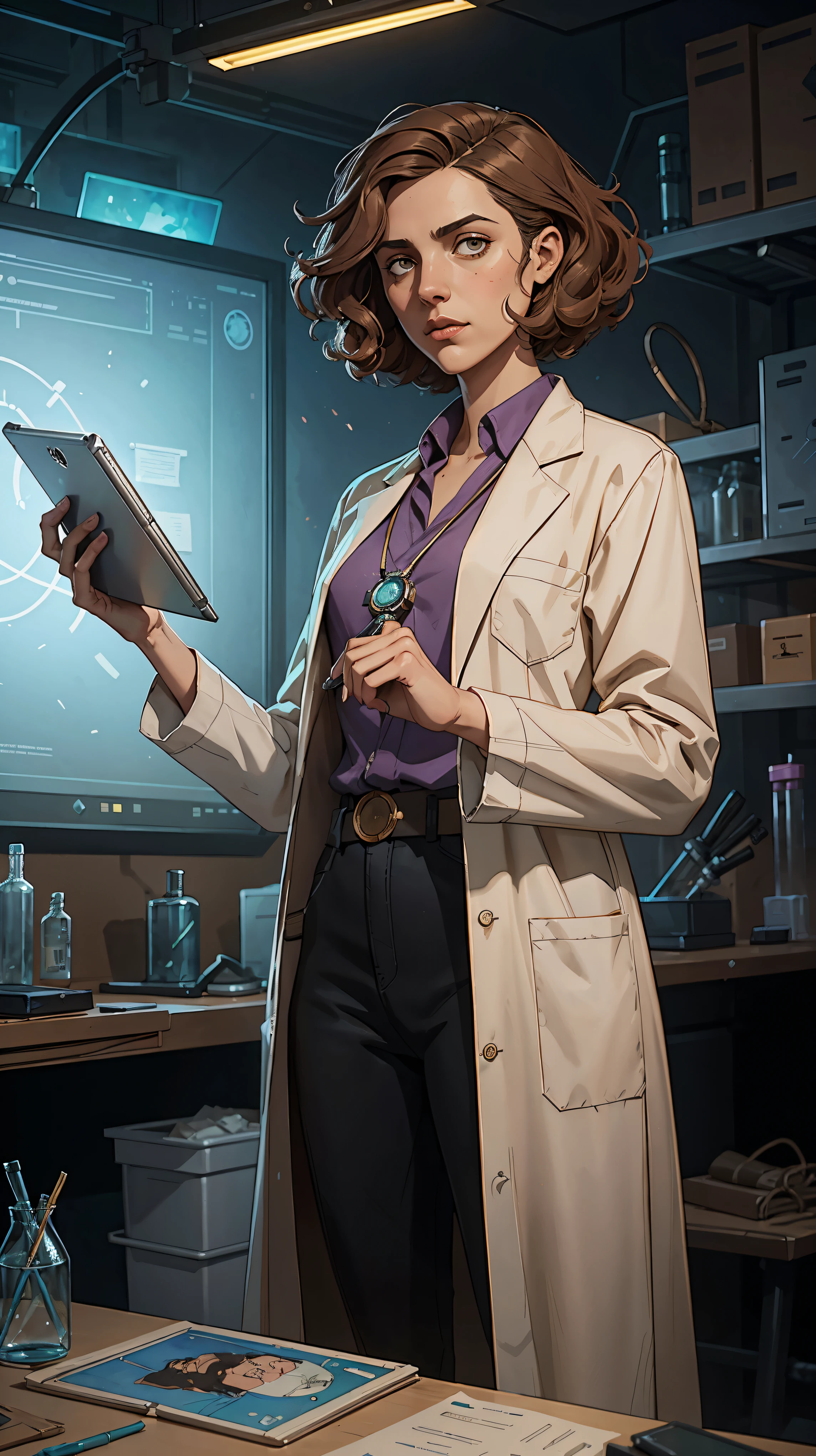marqual, young female character in a scientist lab coat and holding futuristic tablet, medium length curly bob hair, Watercolor expressionist, disco elysium, dishonored, concept art style, dave mckeans, Warren Ellis and illustrated by Ben Templesmith, standing in engineering lab