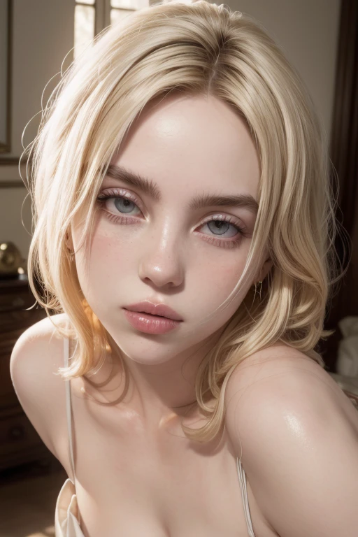 (16 K, Raw photography, Superior Quality, ​masterpiece:1.2), (realisitic, Real Photographics:1.4, absurderes, ultra-detailliert), Realistic face, face perfect, full nude, NSFW, realistic vagina, Realistic skin, Beautiful delicate face, Realistic eyes, perfect  eyes, Detailed lips, Perfect eyelashes, perfect arms, Perfect legs, European, , small tits, (flat chest:1.3), (Blonde hair), (Blue eyes), (short-hair), (straight haired:1.2), (bangss), (one girl), cute smiling, on the bed, love juice
