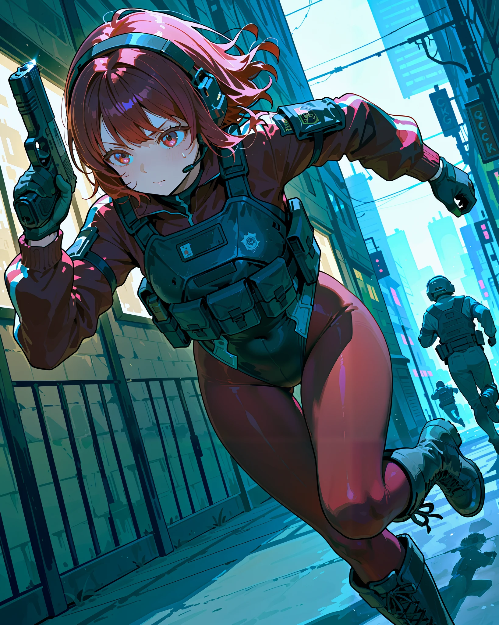 (best quality), (masterpiece), amazing quality, absurdres, highly detailed, 1girl, solo, solo focus, random hairstyles, tactical headset, black leotard, red sleeves, black gloves, full pantyhose, red pantyhose, black boots, knee boots, tactical gear, (holding pistol, glockg), running, dutch angle, city street background, cinematic lighting, daytime