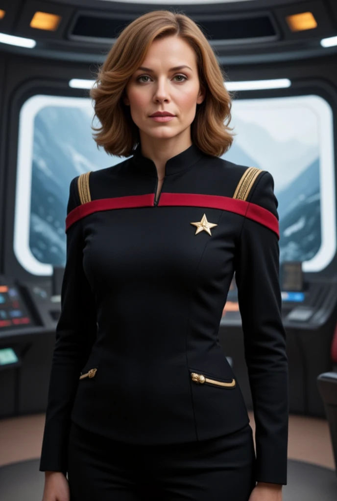a realistic photograph of beautiful of beautiful (T4b1th4:1.1) woman as space captain,wearing blue (Star Trek NG uniform),standing on the command deck of battle cruiser spacecraft,smiling,hair in futuristic hairstyle,looking out into space at a nearby galaxy,posing,portrait,muscular,hourglass body,fashionable,detailed,deep photo,raw photo,film grain,professional photo,vintage instagram LUT,black pants,PA7_Portrait-MS,<lora:T4b1th4_05A-000002:0.9>,