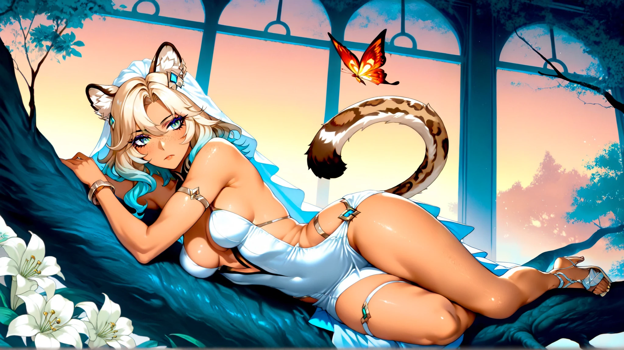 source_furry, Kat, Anthro furry feline girl, tall body, hourglass figure, adult female, blue eyes, silver fur, blonde hair with pony tail, (striped tail), white whiskers, pink nose, wearing elastic underwear, translucent lingerie, ((fully covered legs in stockings)), she is smiling, mouth open, looking relieved, sitting on a armchair, indoors, at hall, (nsfw:1.5), (cum on legs), lace lingerie, seductive lace, nylon fetish, best arousal, flirt, before sex