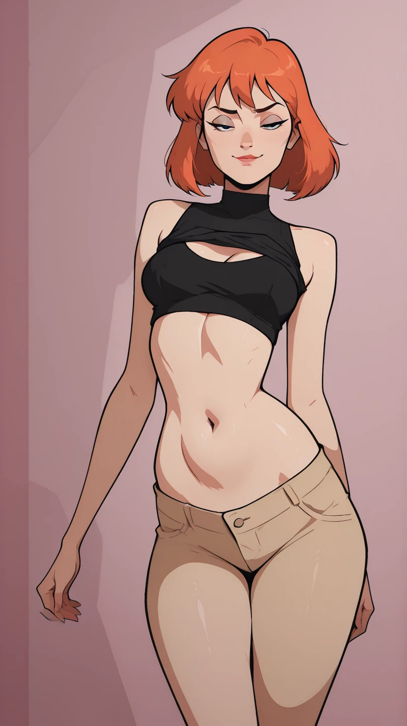 ne caricature d'une femme avec des cheveux rouges et un kimono japonais ,Kim Possible, illustration dessinée, dans le style dessin animé, personnage d’animation, Personnage de dessin animé, bande dessinée, Mary Jane, taille, inspiré par Daphne McClure, dessin animé, Photo de Slim Girl, Le personnage est dans sa pose de combat, she is well covered only her face can be seen