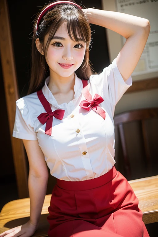 (8K、Raw photography、top-quality、masterpiece:1.2),(half updo:1.3),watching at viewers,Looking at the front,White muscle,(Long white shirt with red bow tie、Cute panties in bright colors、Plump panties:1.4)、(large full breasts:1.2),(Thigh close-up、Cameltoe:1.4),Realistic skin type、(二重まぶた、drooing eyes、Charming、purity:1.2)、超A high resolution,(One Person、独奏), 独奏,fullllbody,hi-school girl,A Japanese Lady,is standing,(Photorealsitic:1.37)、Photon mapping,Realistic、(a baby face: 1.6)、(Cute smile: 1.8)、(with round face: 1.8)、Radio City、Physically Based Rendering、Foreground、depth of fields、Blurry background、a picture,Nogizaka Idol, Japanese ido、 fully body photo、Nice figure、big breasts thin waist、Kubire、super definition