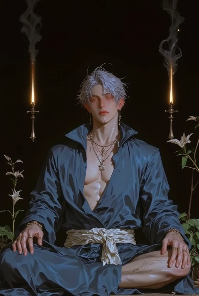 Highly detailed and ultra realistic illustration of a man, draco malfoy in blue underwear, topless, white hair, grey eyes, pale skin, sensual pose, in the slytherin common room with dramatic lighting, extremely detailed, cinematic composition, masterpiece, high quality, 4k