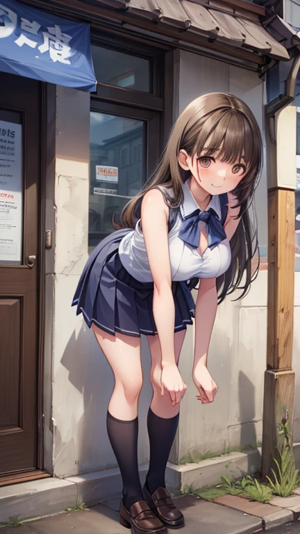(((masterpiece, Highest quality, High resolution, 超High resolution, Perfect Pixel, Depth of written boundary, 4K, RTTX 10.0))), Beautiful Anime Women, Beautiful art style, Anime characters, ((Smooth texture, Realistic texture, Anime CG Style)), Exact finger count、Exact number of legs、(Exact number of arms:1.0, Exact number of hands:1.0), (Perfect hands, Perfect Anatomy), Cinematic, Realistic, Extremely detailed CG, Daytime lighting, Perfect lighting, Best Shadow, The best natural light, whole body, Perfectly balanced style, A perfectly balanced body, (Slender body:1.2), whole body, ((bangs, Dark brown hair, Stylish and cute hairstyle)), (Beautiful Face), (Detailed face), ((A pretty woman is standing with her legs crossed, holding her skirt:1.3)), (Fashionable white shirt, Sailor collar, Knee-high socks, loafers, Navy pleated mini skirt:1.3), (Beautiful big boobs:1.1), ((Embarrassed expression:1.4)), (sexual pleasure expression:1.4), (A patient expression:1.3), (Look up, Mouth half open, blush), (In the school classroom:1.3), (pussy juice:1.3), Angle from the front, remote_vibrating, chizuru