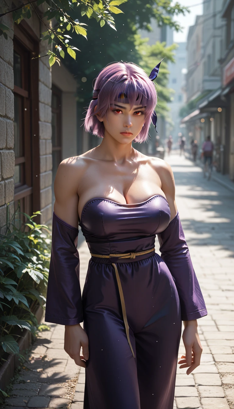 (Hyper Real), ancient shrine maiden, female shaman, giant beauty, safe, high resolution, real short hair, blonde, blonde woman, skin texture details, super high resolution, realistic, plump figure, smile, beautiful expression, small purple hair Airy long blonde hair, divine spirit, very delicate and detailed skin texture, (ancient luxury luxury temple), ancient priestess, big cleavage, plunging neckline, big red lips , (luxurious black costume and luxurious accessories)