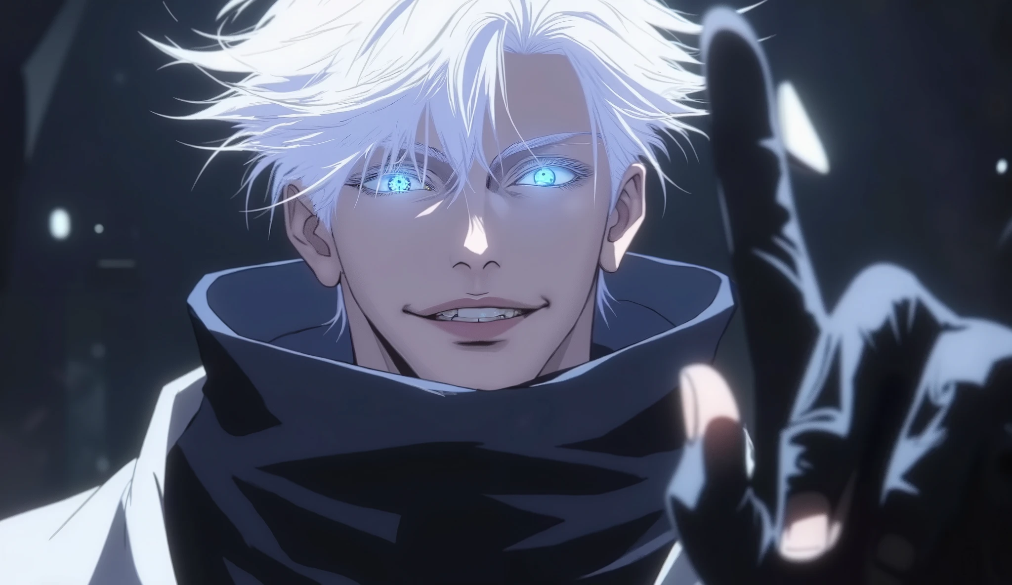 (Ultra-detailed, 8K resolution, cinematic lighting, hyper-realistic, masterpiece, anime-style semi-realism)
A highly detailed, anime-style digital painting of Gojo Satoru, a tall and confident sorcerer with striking white hair that flows wildly and glowing icy blue eyes filled with immense power. He wears a sleek black high-collared outfit that enhances his mysterious aura. His expression is playful yet intense, with a subtle smirk. He raises his hand in front of his face in his signature two-finger hand sign, exuding confidence and a sense of untouchable strength. The lighting is dramatic, casting deep shadows that emphasize his sharp jawline and high cheekbones. A subtle blue glow surrounds him, hinting at his limitless abilities. The background is dark and blurred, drawing full attention to his striking presence. The art style blends high-quality anime and semi-realism, ensuring intricate details in his hair, eyes, and clothing, detailed 8k quality, detailed 16:9 aspect ratio.