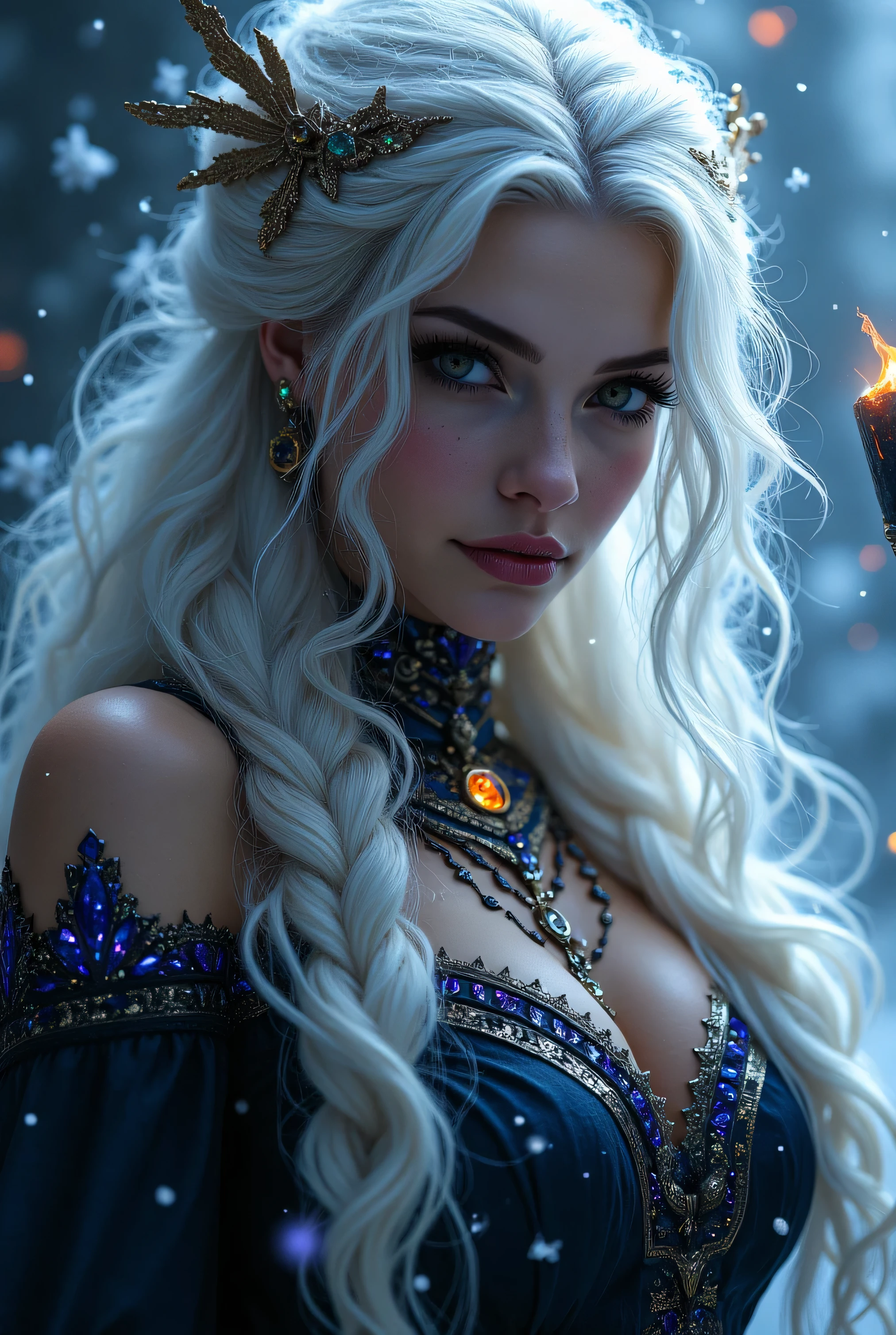 (RAW shooting:1.5, Photoreal:1.5, 8k, highest quality, masterpiece, ultra high resolution), magical world, perfect dynamic composition, Mysterious:1.3, Highly detailed skin and facial textures:1.3, Cute and sexy slim female wizard, beautiful and aesthetic, cute and sexy beauty, perfect style, wear elaborate rings, pose to cast a spell:1.3, fire, water, Wind, thunder, ice, Fair skin, very beautiful face, (Medium chest, Chest gap), (embarrassing smile, The expression on your face when you feel intense caress, Facial expression when feeling pleasure), (How to properly wear a sexy wizard costume off your shoulders), (beautiful blue eyes, Eyes that feel beautiful eros:0.8), (Too erotic:0.9, Bewitching:0.9), full body shot