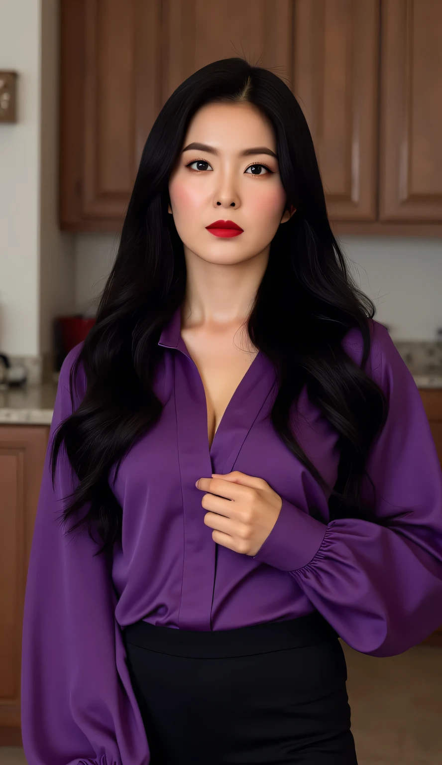 a woman, standing in the kitchen, shirt looks full body, body facing front, wearing a purple long sleeper shirt, big , thick red lips, seductive face, slim waist, thick long black hair