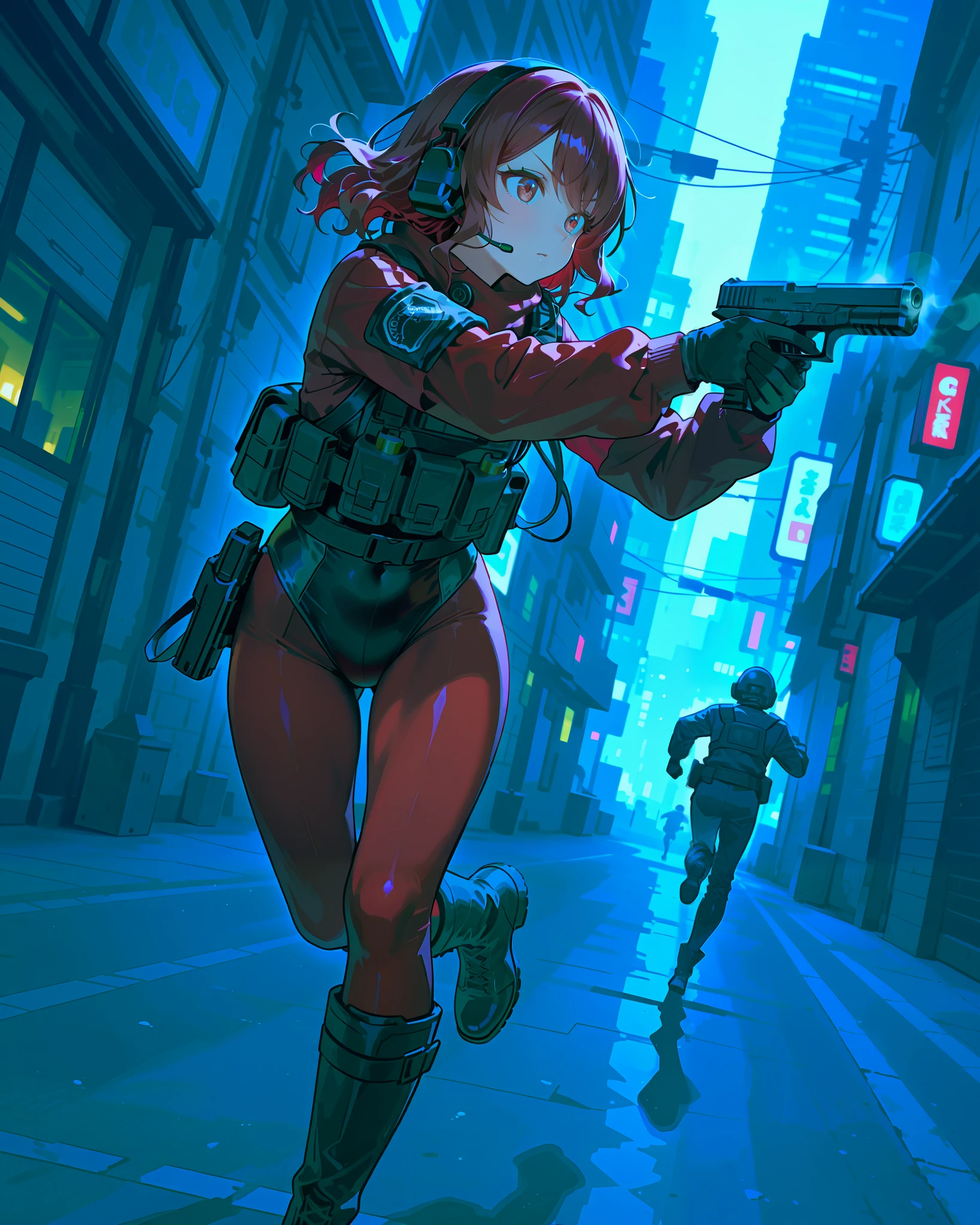 (best quality), (masterpiece), amazing quality, absurdres, highly detailed, 1girl, solo, solo focus, random hairstyles, tactical headset, black leotard, red sleeves, black gloves, full pantyhose, red pantyhose, black boots, knee boots, tactical gear, (holding pistol, glockg), running, dutch angle, city street background, cinematic lighting, daytime, (chased by mem in black suits:1.2).