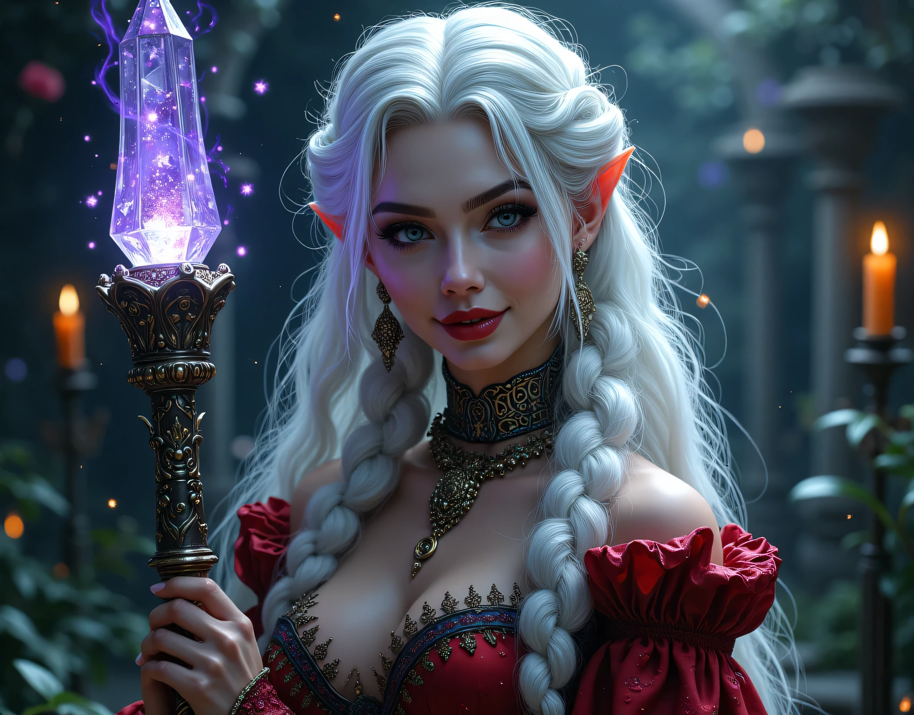 a picture of vampire elf in her castle, an exquisite beautiful female vampire elf in her library,  full body (ultra detailed, Masterpiece, best quality), ultra detailed face (ultra detailed, Masterpiece, best quality), grey skin, blond hair, hair in a ponytail, long hair, blue eyes, cold eyes, glowing eyes, intense eyes,  small pointed ears, smirking, smile with [drops of blood on face] (ultra detailed, Masterpiece, best quality), dark red lips, [vampire fangs], wearing white dress (ultra detailed, Masterpiece, best quality), dark blue cloak, high heeled boots in dark fantasy library, book shelves, high details, best quality, 8k, [ultra detailed], masterpiece, best quality, (ultra detailed), full body, ultra wide shot, photorealism, luis royo style, dark fantasy art, moon light coming through the window, moon rays, gothic art, sense of dread, sense of seduction