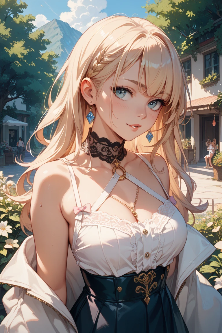 1 girl, alone, Outdoor, NFSW, Beautiful details, 16k, masterpiece, Very detailed, beautiful girl, 24-years-old, blonde chignon hair, Hunter Dress, Focus on women, ((Pink panties with feminine details and shiny padded lace)), (She is squatting and her panties are clearly visible), View from below