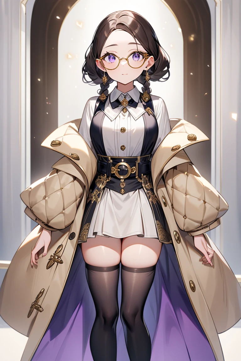 girl, White blouse, mini skirt, Black Pantyhose, white overcoat,  Are standing, Glamorous clothing, Complex clothing,, A familiar face, Brown and gold tones, In a luxurious room, window, tall building, Day、red braided hair、I-cup breasts、Protruding chest、Protruding buttocks
