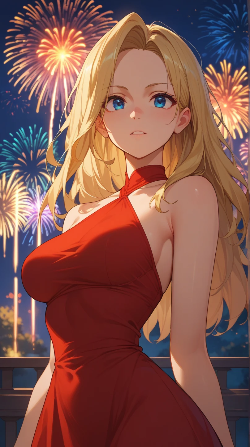 mujer rubia , pelo largo rubio , rubia , cuerpo completo , grandes tetas, gran trasero, voluptuoso, piernas abiertas , pose sexy , escote , vestido fiesta negro, vestido transparente , abierto de piernas, medias negras , tacones negros , ajustado , sexy , peson , dark alley and rain , fireworks background