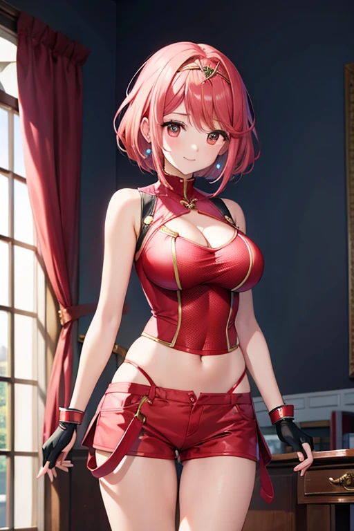 (Masterpiece, Best Quality, High Quality), cowboy shot, standing,Nishikino maki, short hair,Red hair, purple eyes, illustration, beautiful, a bow,upper body, kunoichi dress, thighs,(big breasts:1.2), ,looking at viewer,seductive smile, blushing, hand on hip, (bent over:1.3)