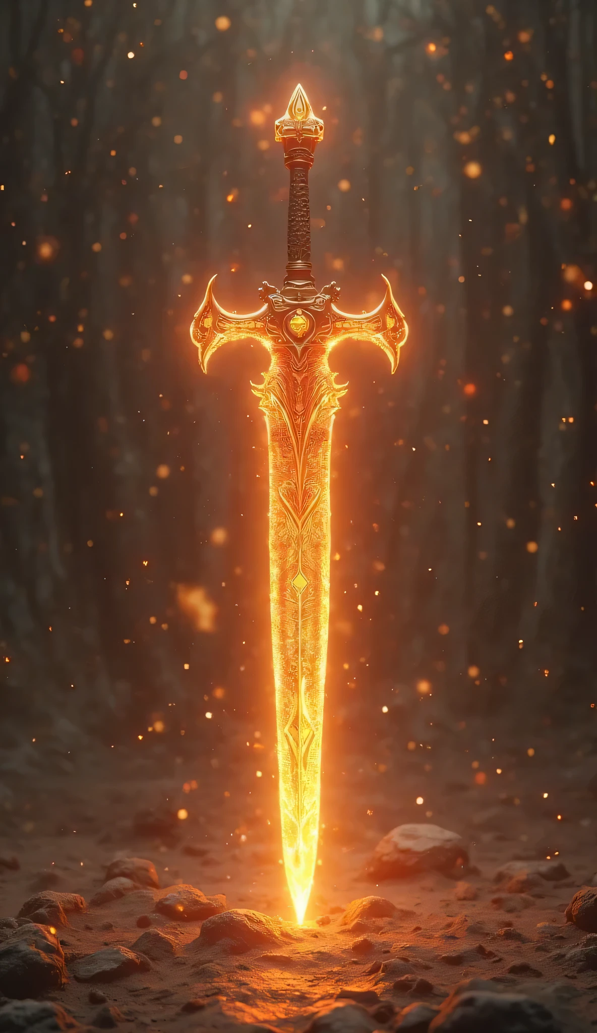 A sword with a glowing blade in the middle of a forest - SeaArt AI