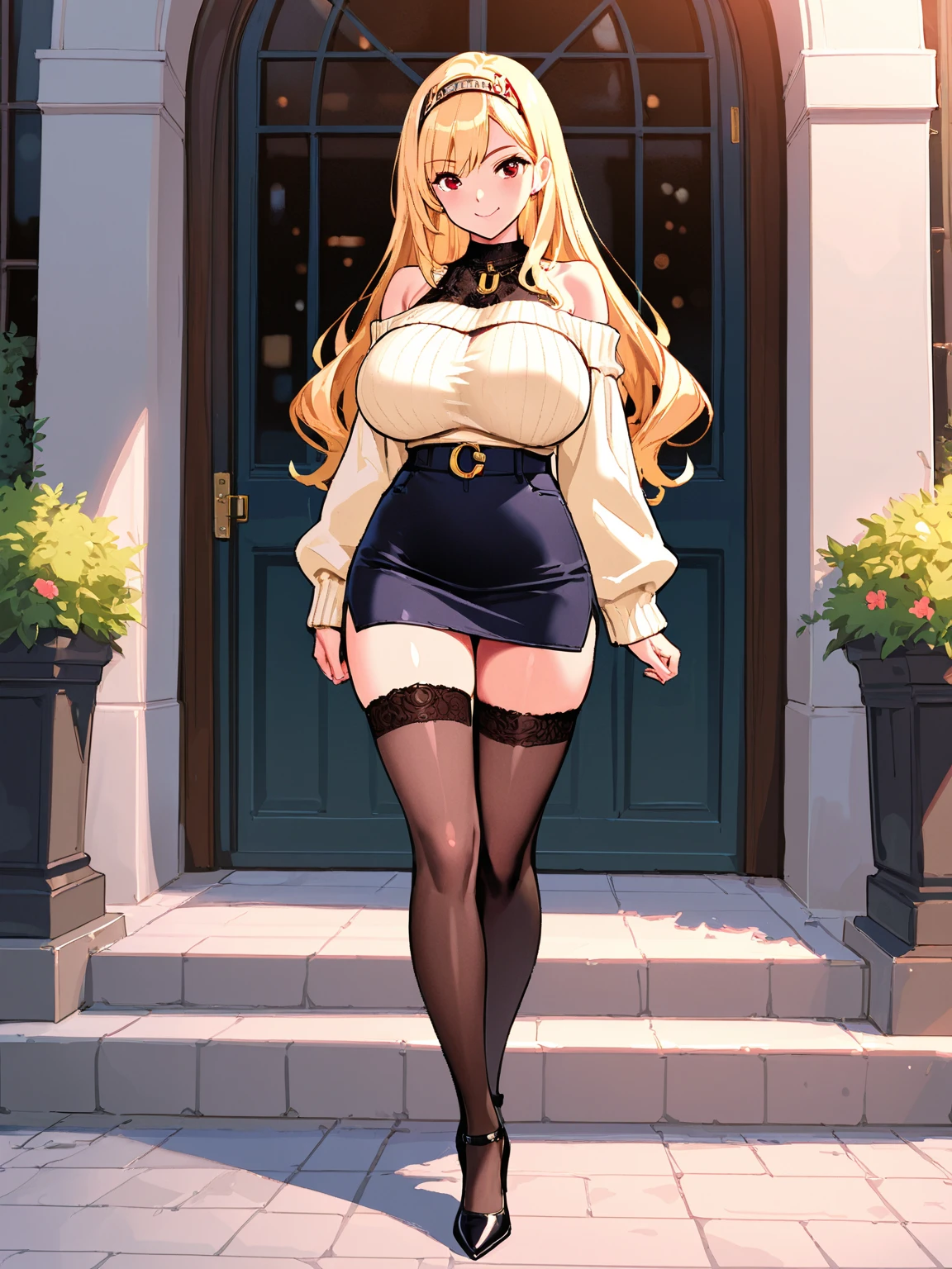 An extremely beautiful busty woman with gold blonde long silky hair, blue oceanic eyes, extremely super bright snow white fair stunning flawless glowing lush shiny white skin, and complexion, a perfect tight hourglass figure, a thick plump ass, cleavage, and perfect hips, wearing a short loose revealing white floral dress with a black sash around the waist and a light brown off-shoulder cardigan, yellow heels, jewelry on the neck, gold bangles on her wrist, and anklets on her legs, gold earrings, a cute adorable smile, pink puffy lips, pink nails, red rose on hair, standing straight, hands joined together, looking at the viewer, big garden in the background, day time, show full body from head to feet.
