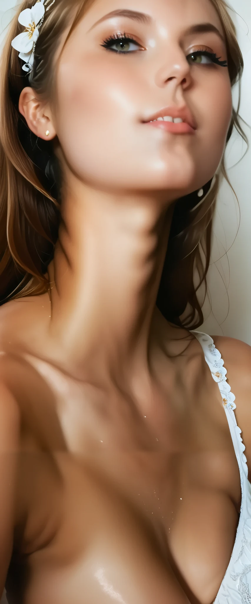 ultra detailed, best quality, a casual photo of a young woman, loose chin length hair, v-neck tshirt, (massive breasts), cleavage, conjoined, (longneck:1.6)