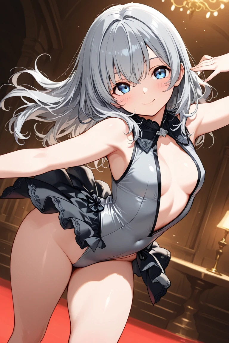 Masterpiece, top quality anime illustration, super detailed, single girl, solo, beautiful girl with silver hair, anime loli, cat ear loli, pale color night color see-through dancer costume, smile, cleavage enhancement, bare skin lower breast enhancement, thigh focus