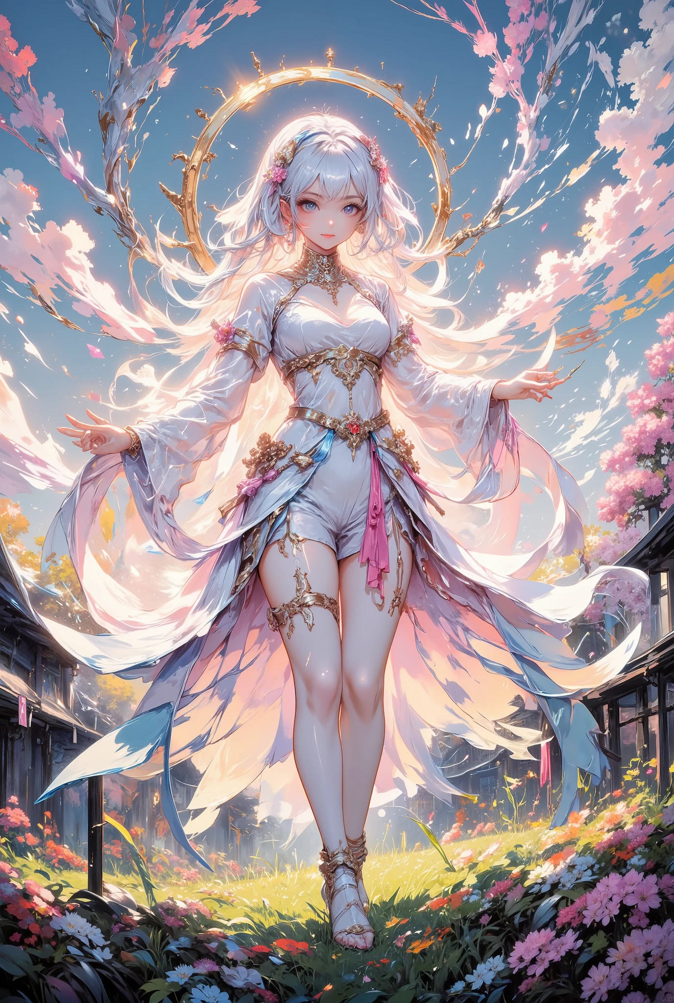 Silhouette art, great. a young goddess of spring and cherry blossoms, an unreal fairy-elf of the spring wind, a translucent light body hovers over the spring grass without touching the ground with the tips of her toes, the body is gracefully arched, the arms look like beautiful wings made of sakura petals, long snow-white hair pulsating with sakura petals and spring blooming energy, gentle waves of spring music, as if floating over the morning garden, early morning, peach sunrise, contoured warm sunlight, low angle, Dutch angle, color and tone perspective, surreal digital art, high detail,