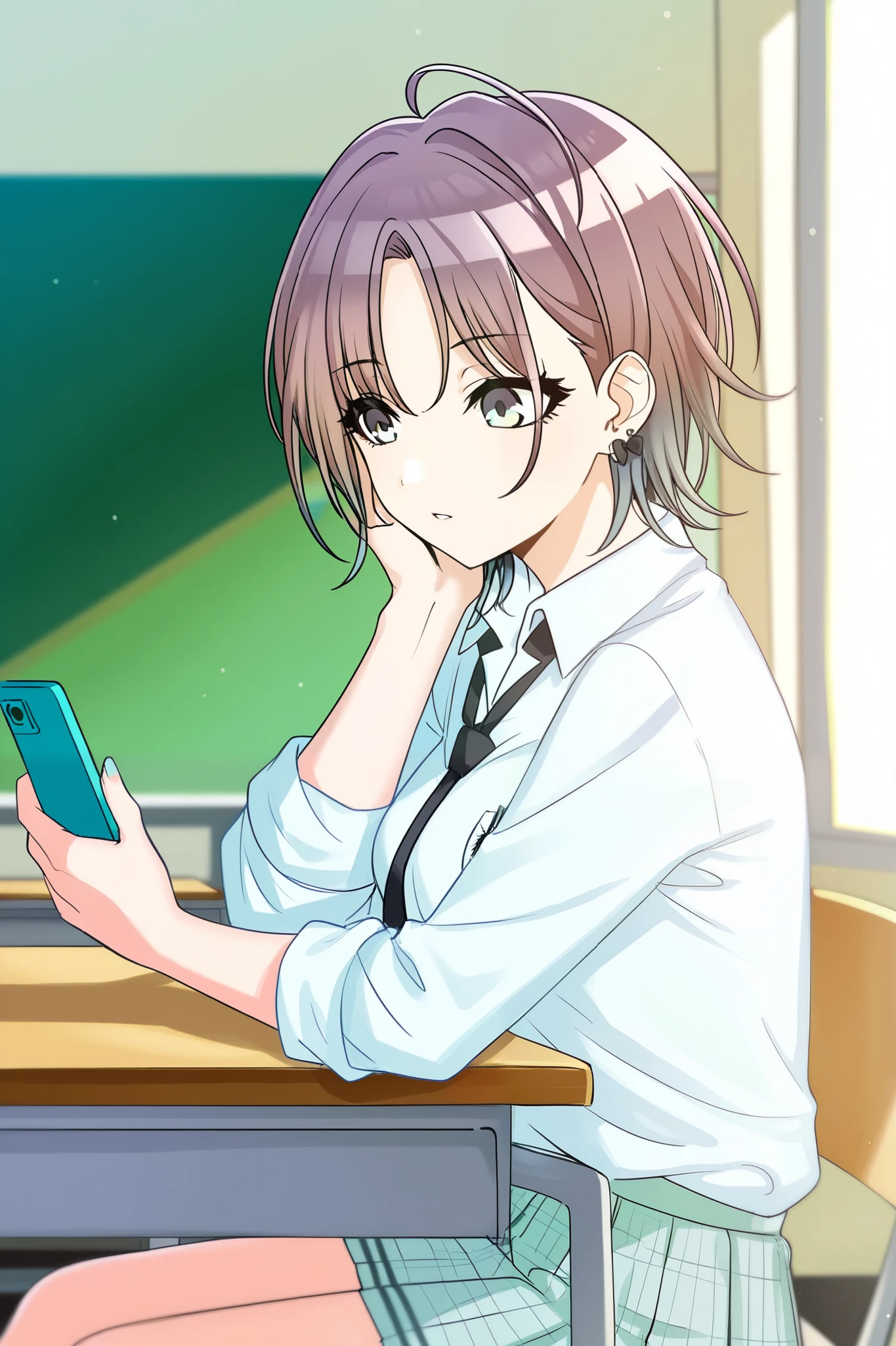 asakura_toru, blue hair, earrings, gradient hair, multicolored hair, parted bangs, purple hair, medium breasts,A high school student sitting on a chair, facing the direction of the classroom blackboard while using a smartphone. Their posture is relaxed, with one hand holding the phone and the other possibly resting on the desk or in their lap. The classroom background includes a blackboard, desks, and windows with natural light streaming in, creating a typical school setting. The atmosphere is calm and casual, capturing a moment of quiet focus