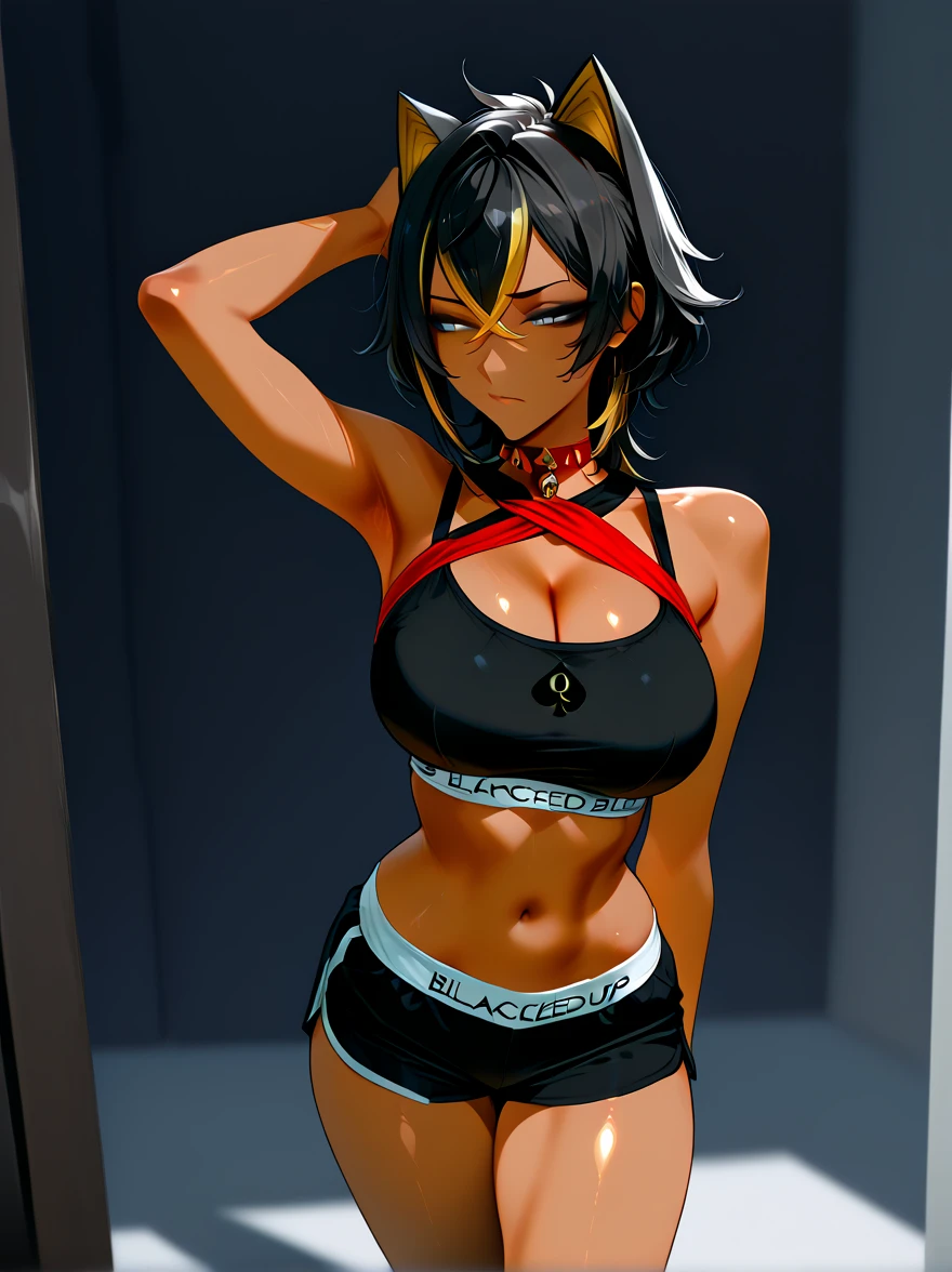 dark skinned, masterpiece, best quality, 1girl, solo, choker, (graffiti:1.5), paint splatter, arms behind back, against wall, looking at viewer, armband, thigh strap, paint on body, head tilt, multicolored hair