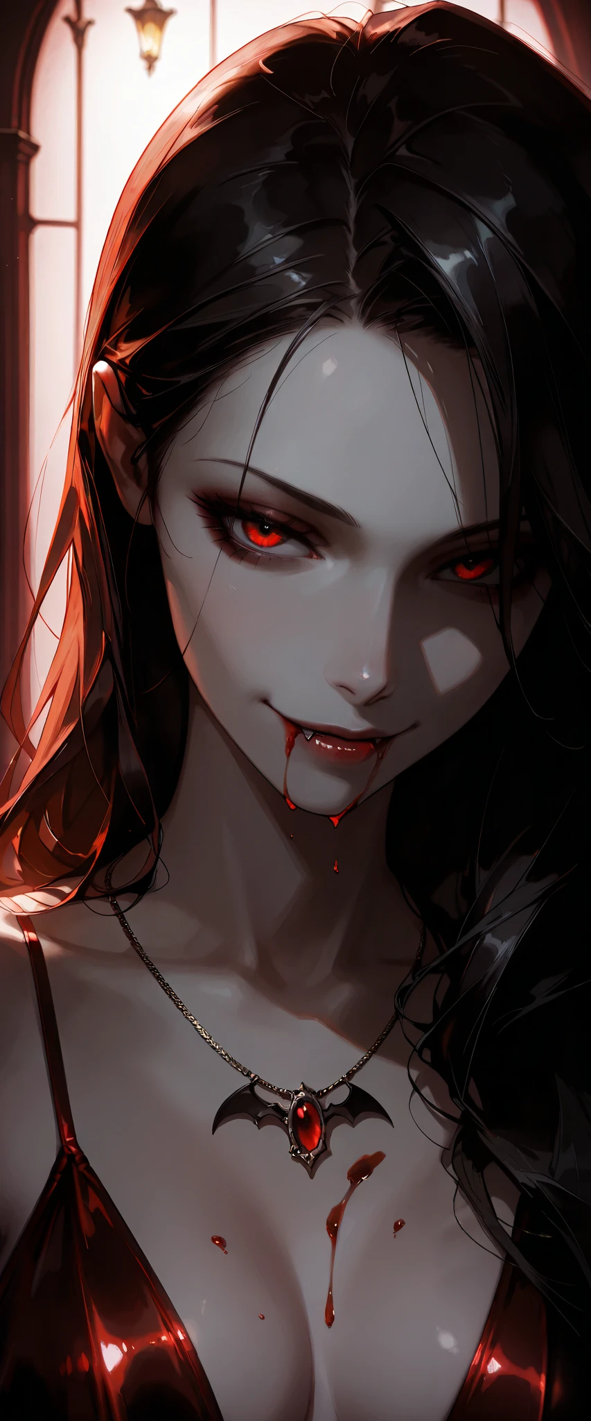 (masterpiece,best quality,absurdres,beautiful,aesthetic,detailed),1girl,close-up,monochrome,dramatic shadows,caustics, horror,gothic,vampire fangs,