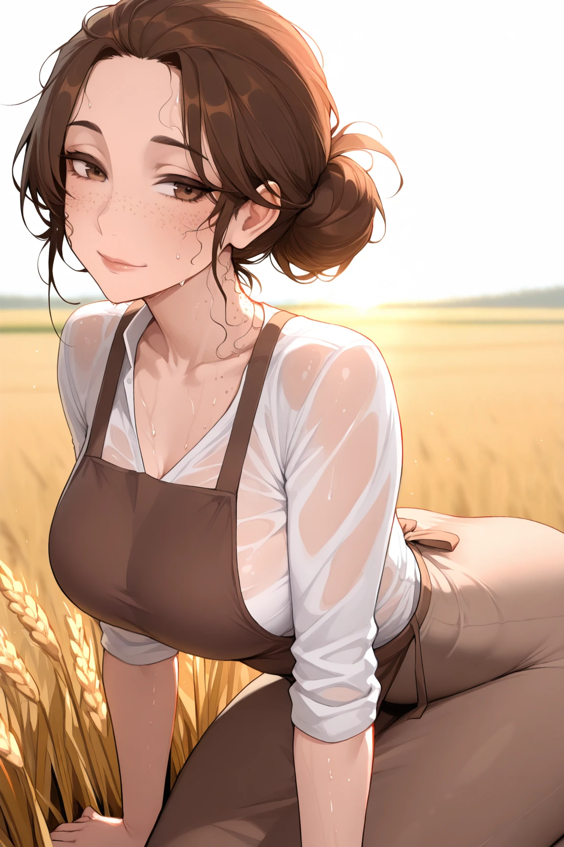 korean woman, (masterpiece, Beautiful people, A polluted smile), Virtual YouTube, Rural farm work, (exist (Harvest the wheat: 1.4)), Fertilization, weeding, No makeup, No makeup, Country Girl, Ponytail, Delicate skin texture, Detailed fabric texture, Facial details are more delicate. masterpiece, Slim waist, slim.