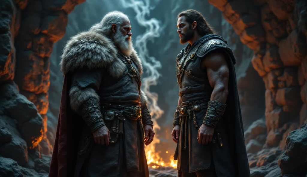Highest quality, masterpiece, photorealistic, medium shot, RAW photo, of (a weary-looking but still proud and fierce-looking old Viking warrior, now the leader of his village, dressed in elaborately detailed chain mail and leather armour, sitting on a carved wooden throne furrowed with Viking runes and symbols, in the village meeting hall, on his lap rests an elaborately carved and beautifully crafted longsword, a few torches burn on the walls, giving the scene a dark atmosphere but sculpting the forms in sharp chiaroscuro), it is night time, (highly detailed skin), skin texture, (detailed face), detailed background, sharp focus, dark lighting, twilight lighting, volumetric lighting, highly detailed, intricate details, 8k, highly detailed, UHD, HDR